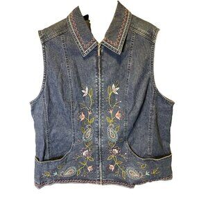 Alfred Dunner Embroidered Denim Full Zip Sleeveless Vest Sz 16W